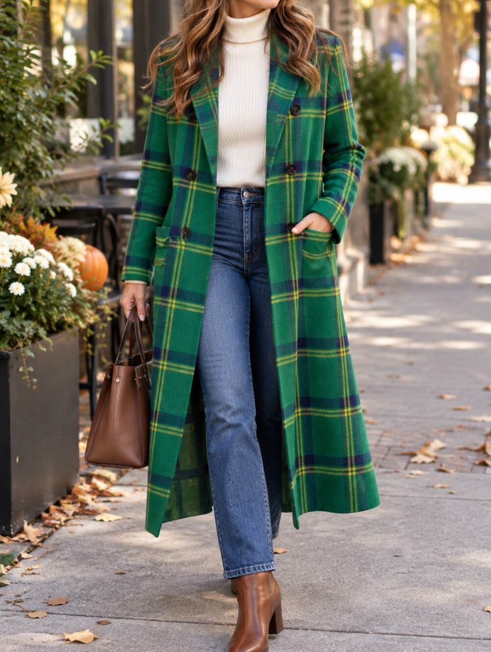 Christian Siriano Green Plaid Long Trench Coat Double Breasted Quiet Luxury